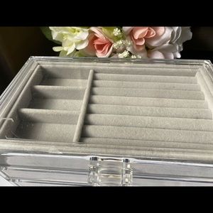 Acrylic jewelry box organizer velvet earrings rings necklaces bracelets.